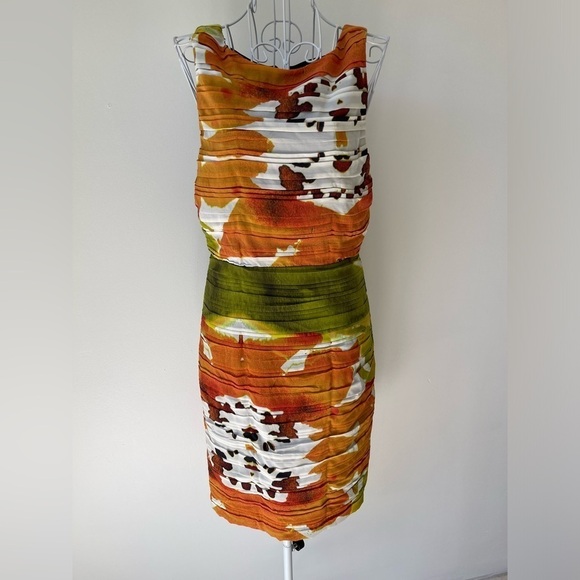 Alice + Olivia Valerie Silk Ruched Mesh Orange White Green Sleeveless Dress SZ 6 - Picture 3 of 12